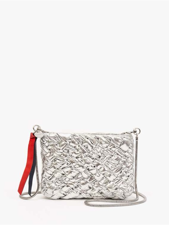 Clare V Silver Woven Metallic Crossbody With Red Accent